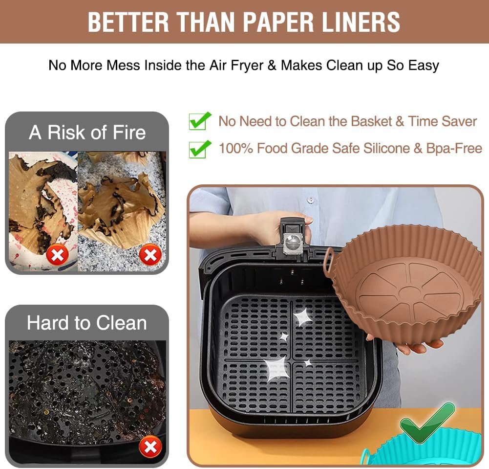 SNF Choice Large Air Fryer Silicone Liners for 5 to 8 QT COSORI/Gourmia/Instant/Chefman/GoWise/PowerXL/Ultrean/Nuwave/Cuisinart/Philips Airfryers, Reusable Baking Tray