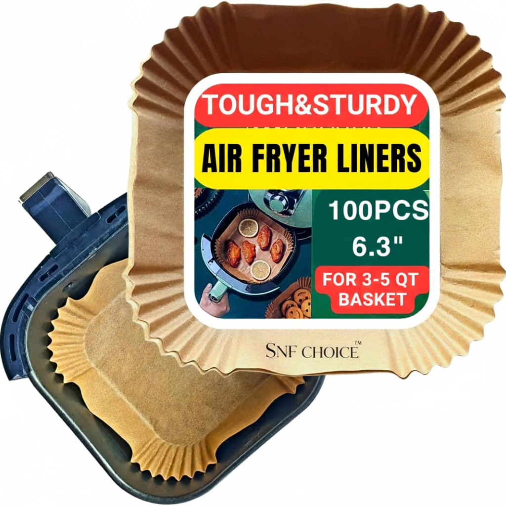 SNF Choice Air Fryer Liners Disposable,Air Fryer Parchment Paper Liners Non Stick Food Safe Waterproof Oilproof Parchment Paper for Baking,Air Fryer Accessories,Microwave Air Fryer Square 6.3", 100 Pcs